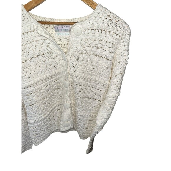 Vintage White Knit Cardigan Button Front Hand Knit Sweater Womens Medium - Picture 14 of 16